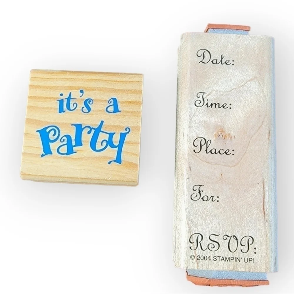 Lot of 2 wooden block rubber stamps for Party invitations